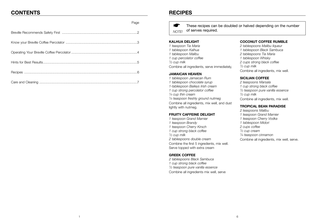 Breville CMP12 manual Contents, Recipes 