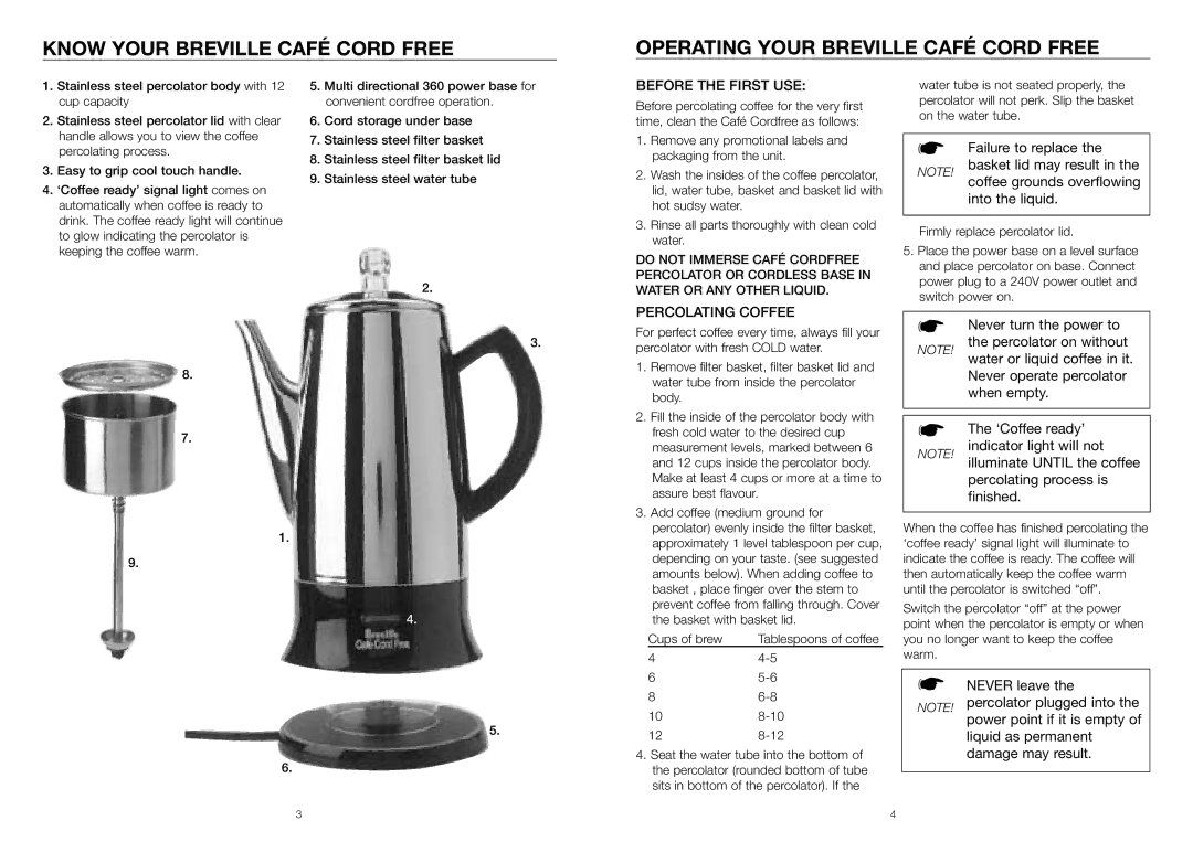 Breville CMP12 manual Before the First USE, Failure to replace, Percolating Coffee, Never leave 