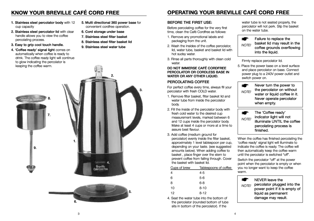 Breville CMP12 manual Know Your Breville Café Cord Free, Operating Your Breville Café Cord Free 