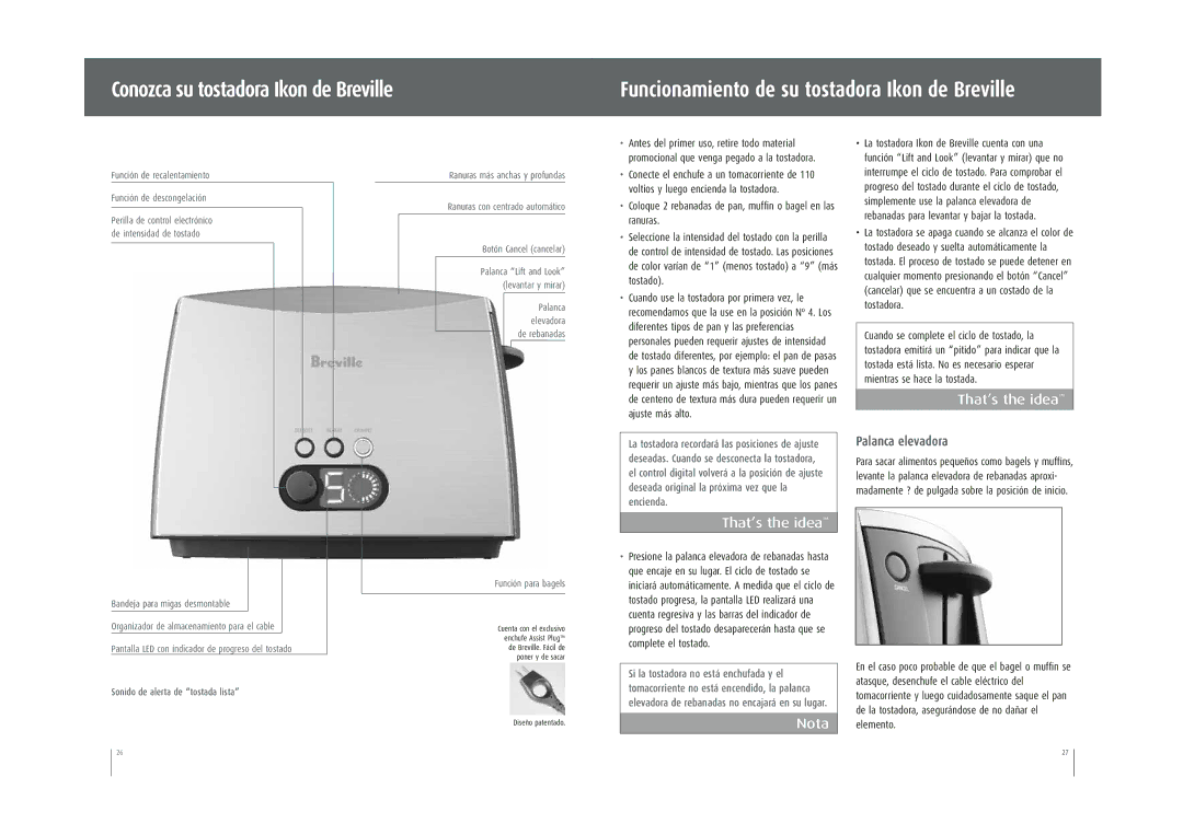 Breville CT70XL manual Conozca su tostadora Ikon de Breville, Palanca elevadora, Elemento 