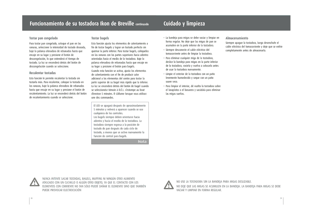 Breville CT70XL manual Cuidado y limpieza, Tostar pan congelado, Recalentar tostadas, Tostar bagels, Almacenamiento 