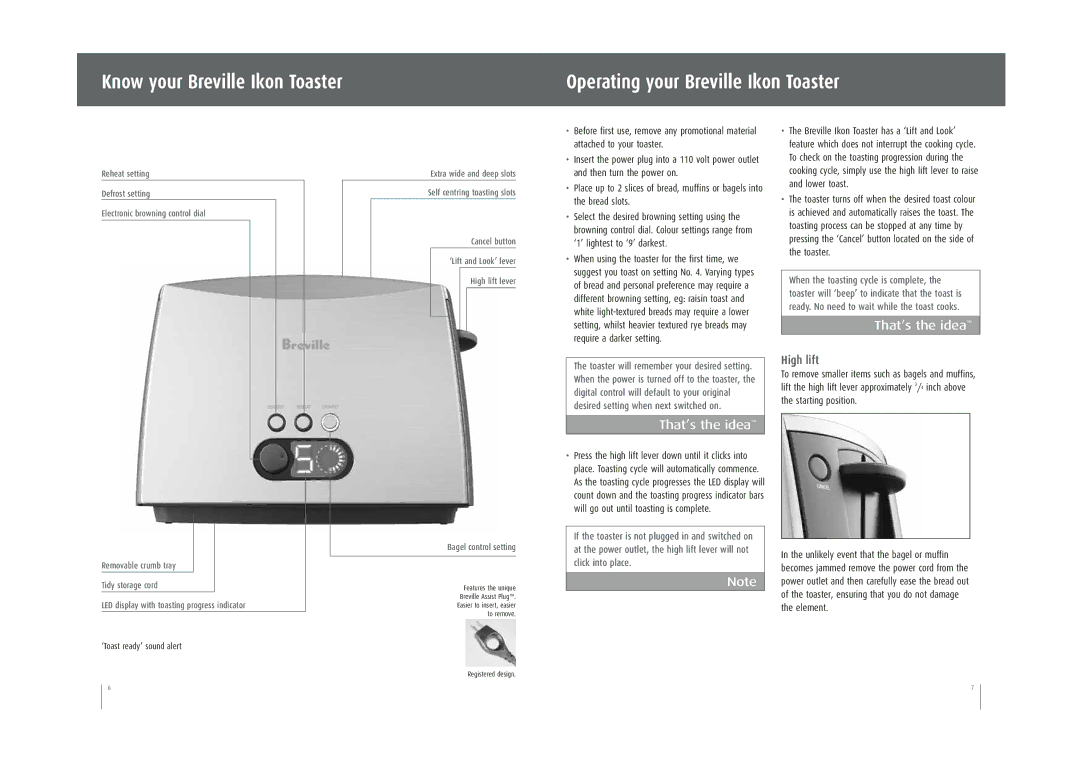 Breville CT70XL manual High lift, ‘Toast ready’ sound alert 