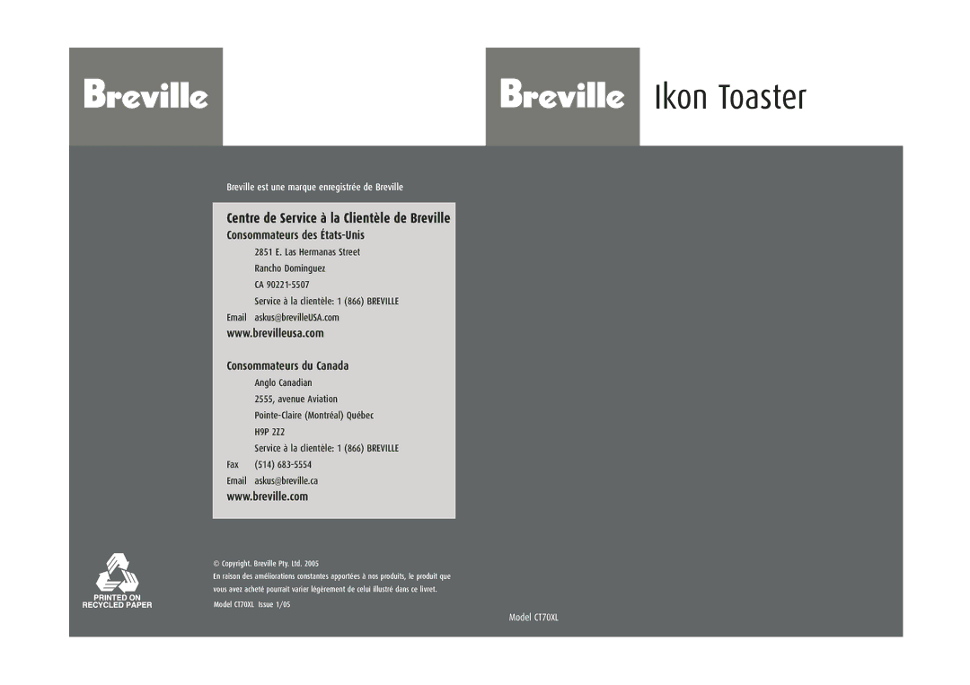 Breville CT70XL manual Centre de Service à la Clientèle de Breville 