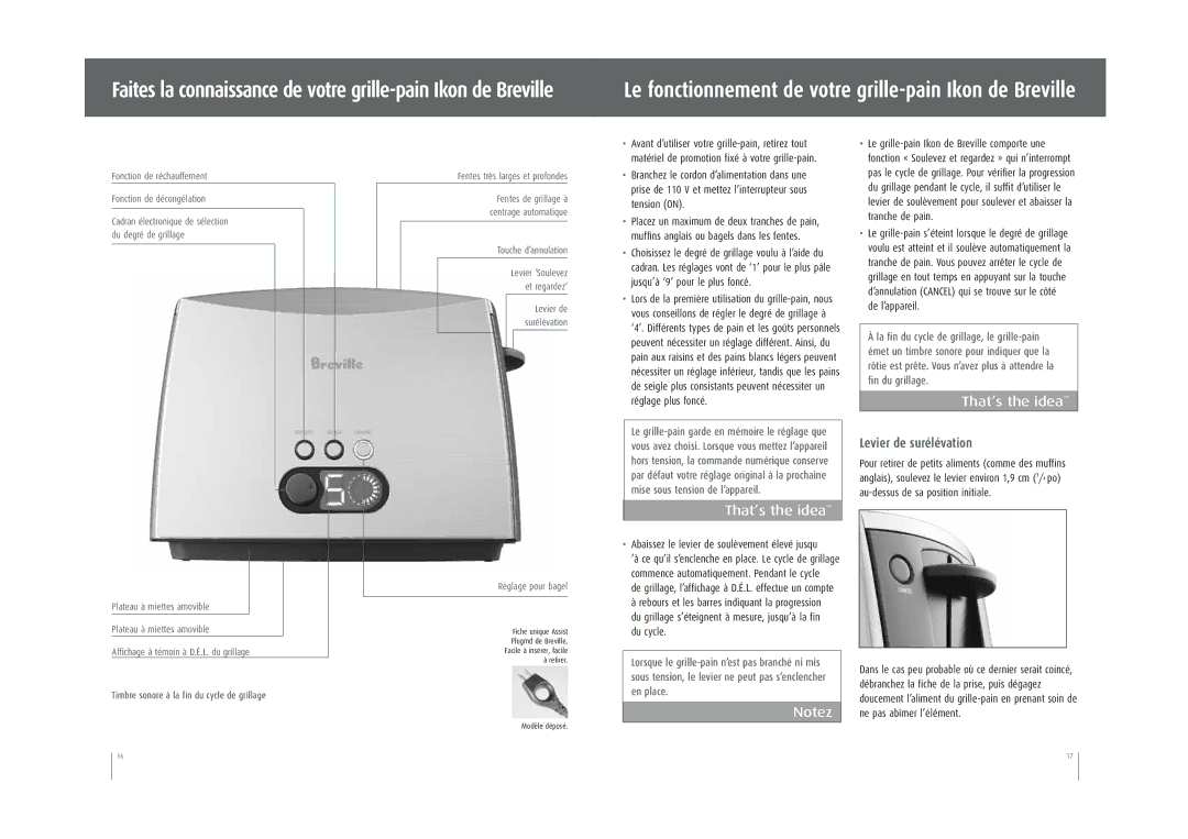 Breville CT70XL manual Levier de surélévation, Fentes très larges et profondes, Touche d’annulation 