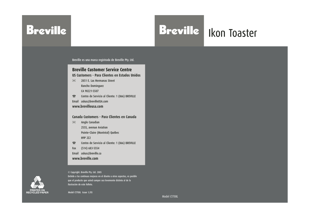 Breville CT70XL US Customers - Para Clientes en Estados Unidos, Canada Customers - Para Clientes en Canada, Ikon Toaster 