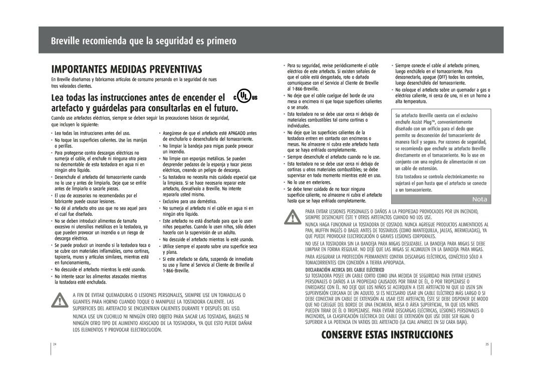 Breville CT70XL Importantes Medidas Preventivas, Breville recomienda que la seguridad es primero, Nota, a un tomacorriente 