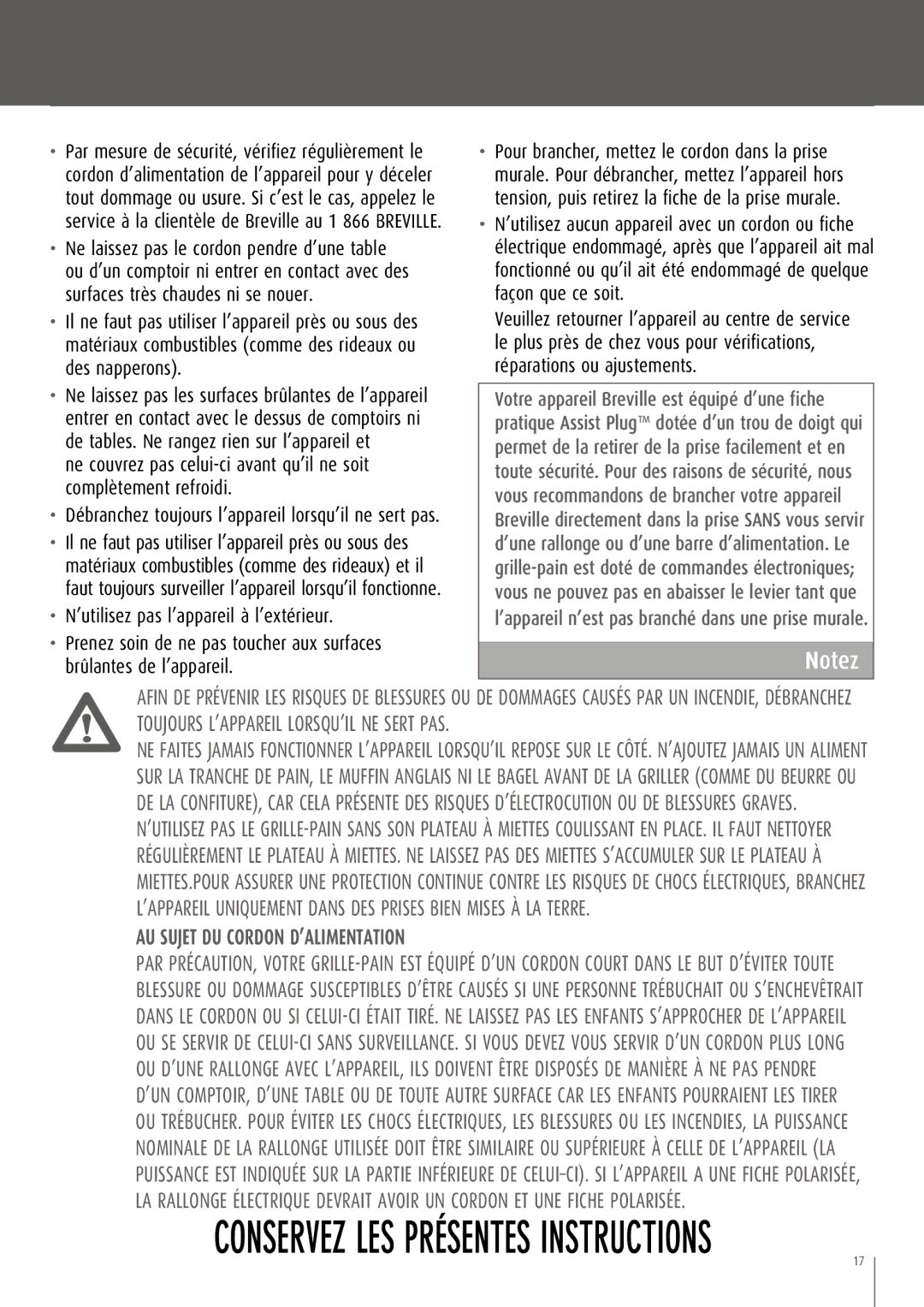 Breville CT70XL/A manual Conservez LES Présentes Instructions 