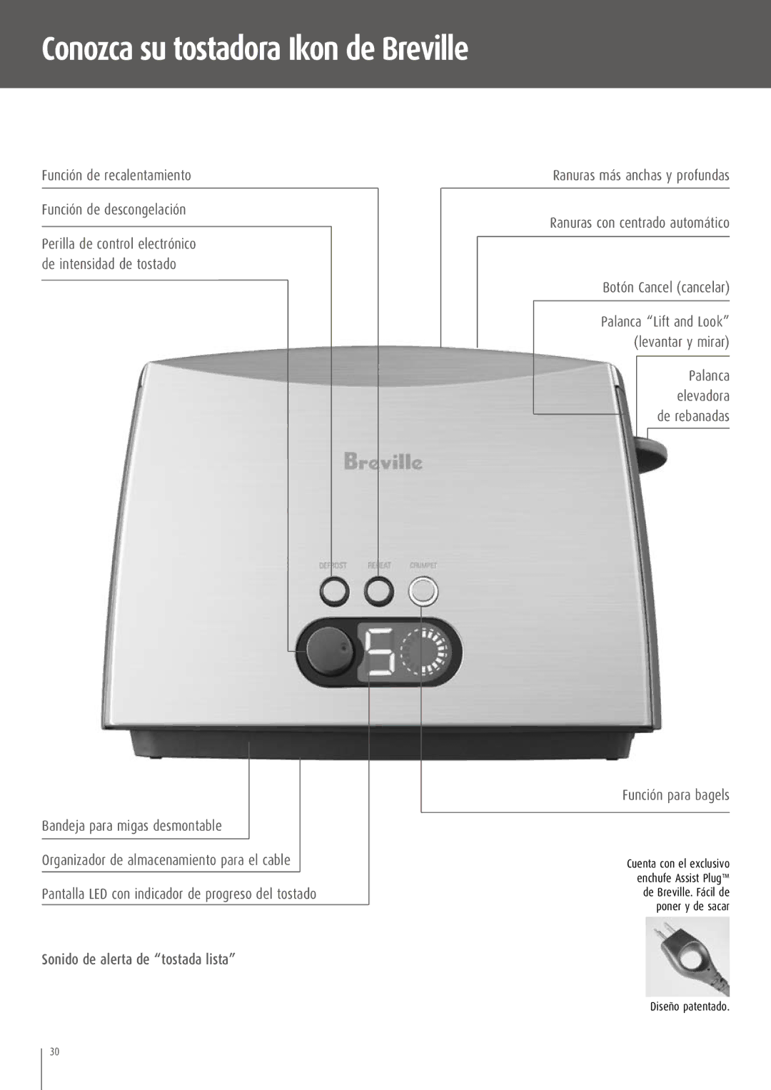 Breville CT70XL/A manual Conozca su tostadora Ikon de Breville, Función de recalentamiento Función de descongelación 