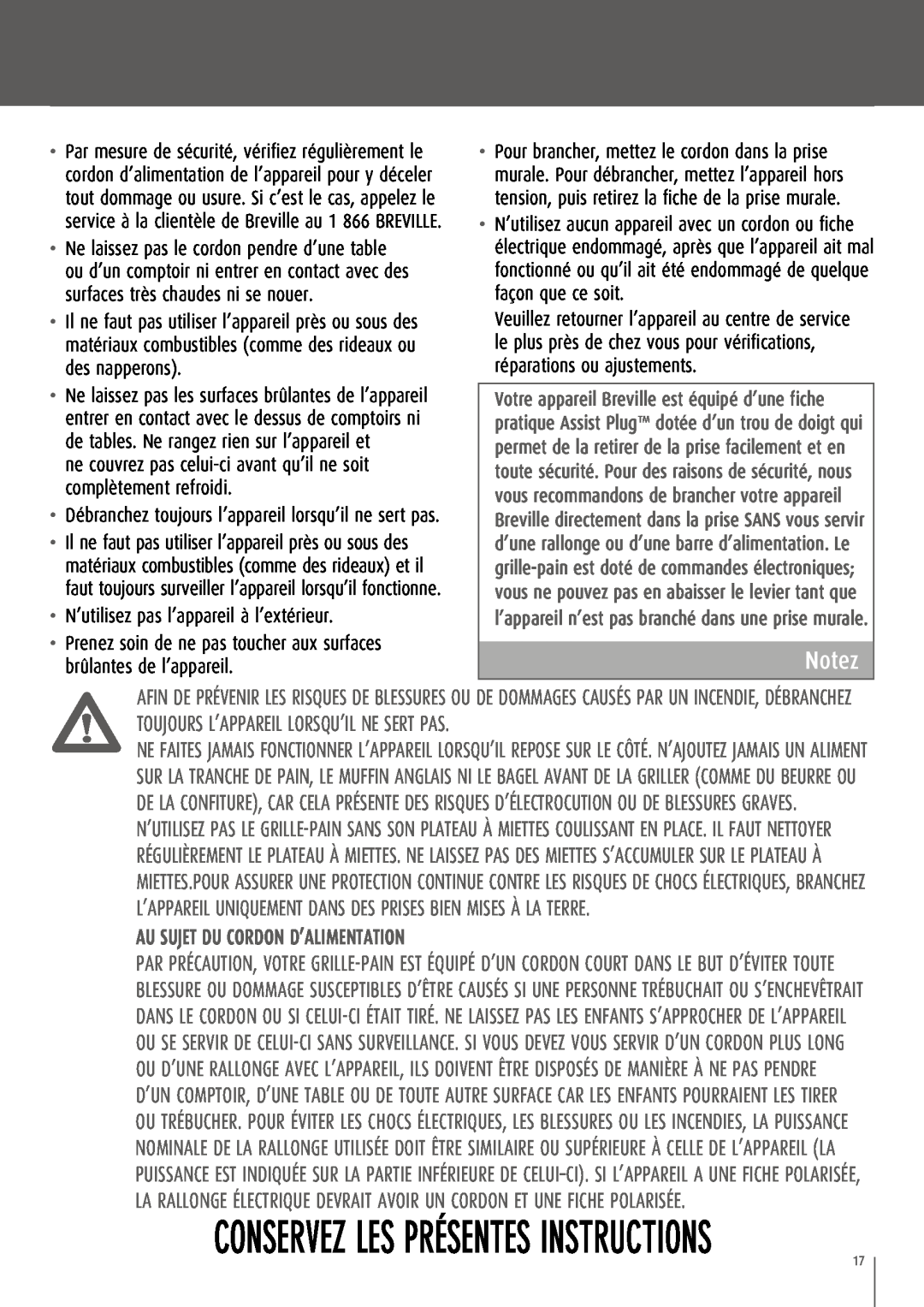 Breville CT70XL/A manual Conservez Les Présentes Instructions, Notez, Au sujet du cordon d’alimentation 