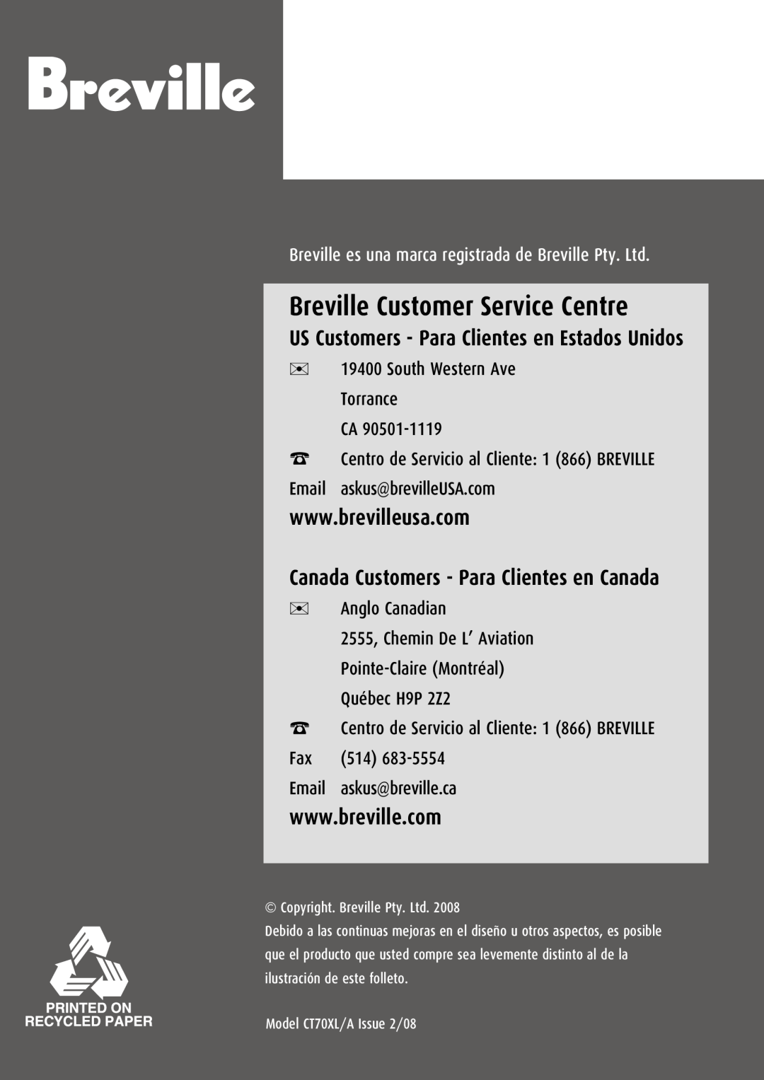 Breville CT70XL/A manual Breville Customer Service Centre, Canada Customers - Para Clientes en Canada 