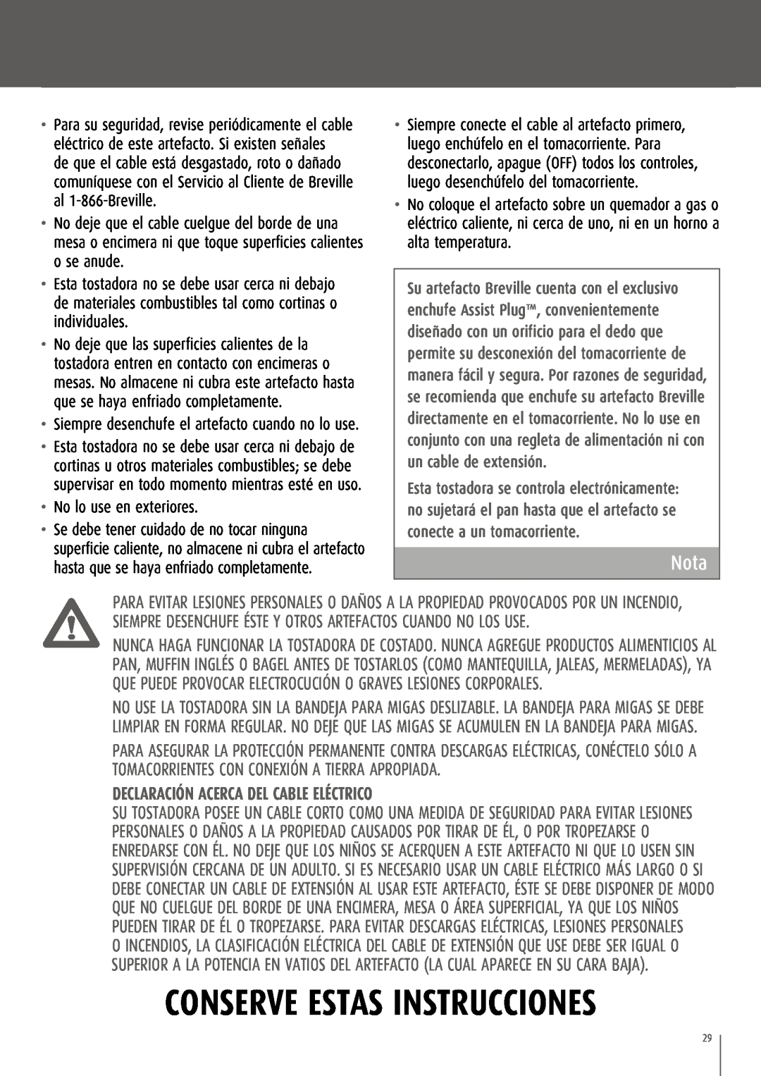 Breville CT70XL/A manual Nota, Declaración acerca del cable eléctrico, Conserve Estas Instrucciones 