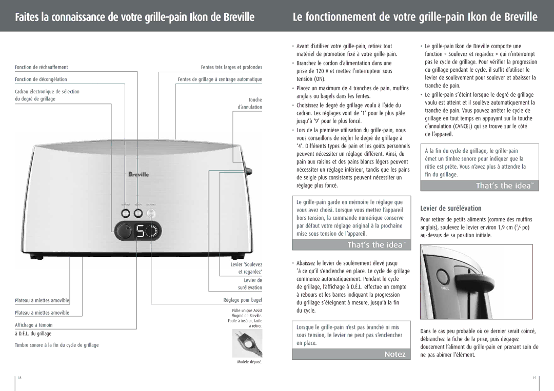 Breville CT75XL manual Levier de surélévation, Fonction de réchauffement Fonction de décongélation, Réglage pour bagel 