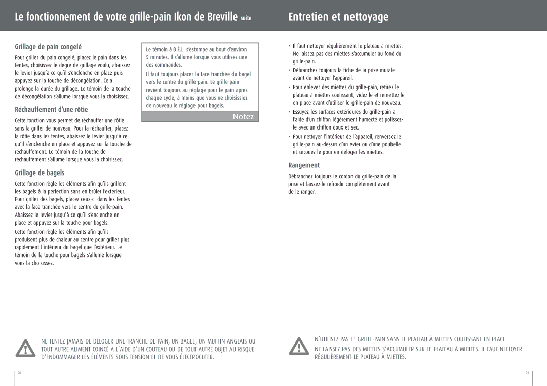 Breville CT75XL Entretien et nettoyage, Grillage de pain congelé, Réchauffement d’une rôtie, Rangement Grillage de bagels 