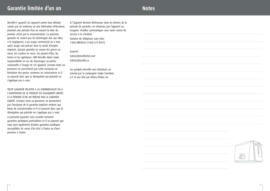 Breville CT75XL manual Garantie limitée d’un an, Courriel AskUs@BrevilleUSA.com AskUs@Breville.ca 