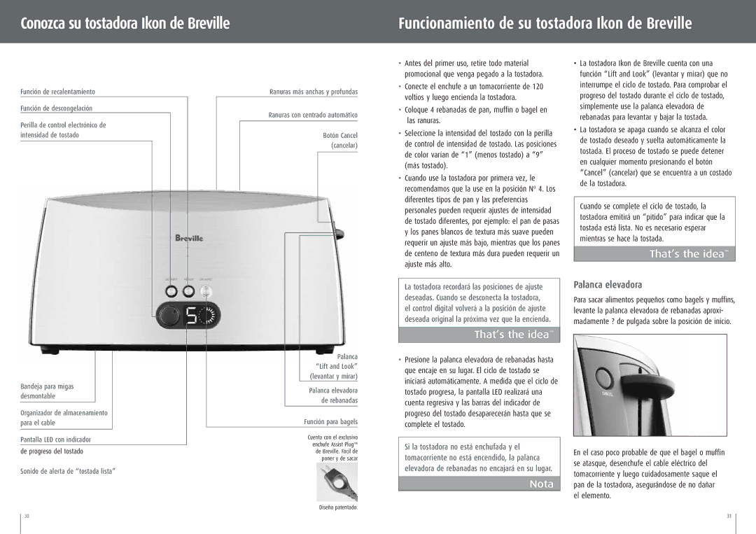 Breville CT75XL manual Conozca su tostadora Ikon de Breville, Palanca elevadora 