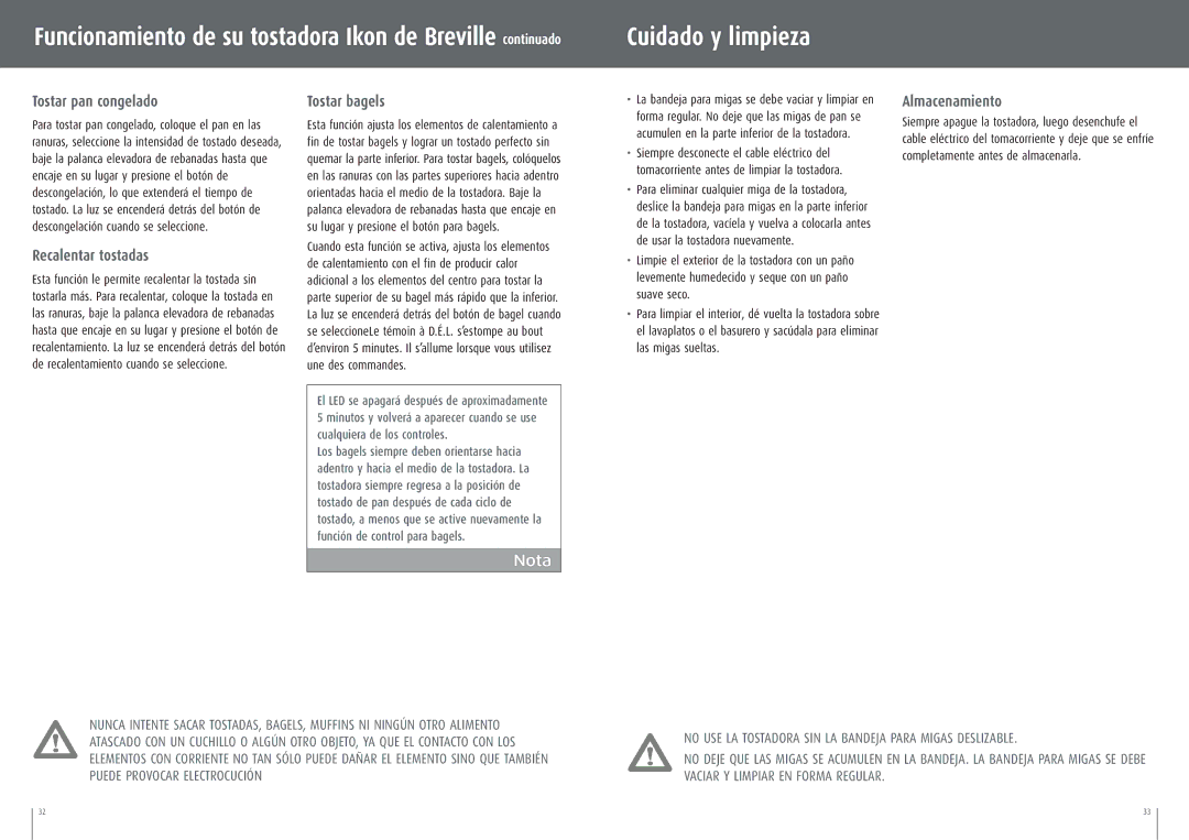 Breville CT75XL manual Cuidado y limpieza, Tostar pan congelado, Recalentar tostadas, Tostar bagels, Almacenamiento 