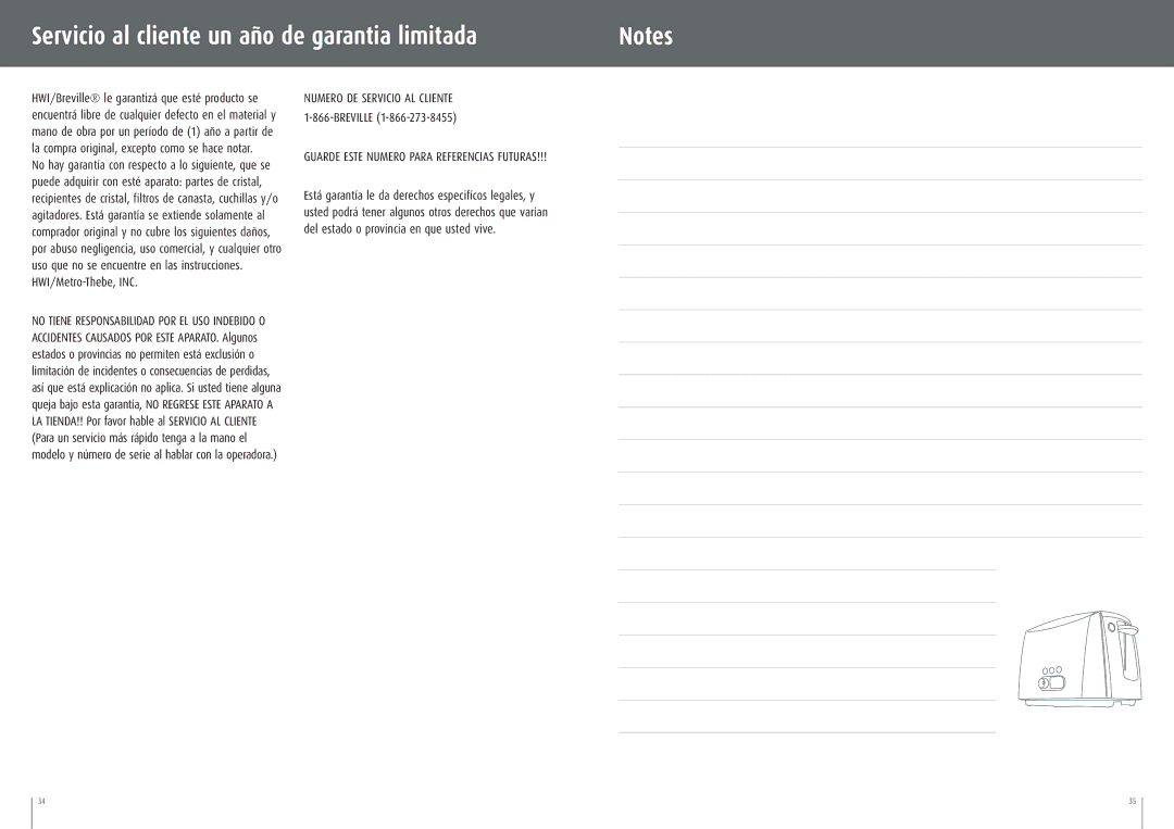 Breville CT75XL manual Servicio al cliente un año de garantia limitada, Guarde Este Numero Para Referencias Futuras 