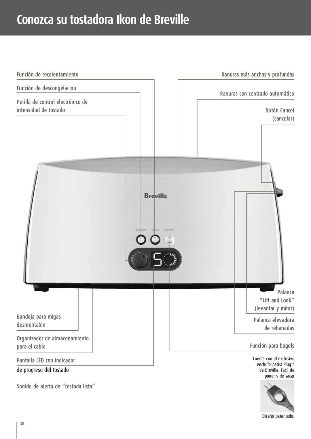 Breville CT75XL/A manual Conozca su tostadora Ikon de Breville, Función de recalentamiento Función de descongelación 