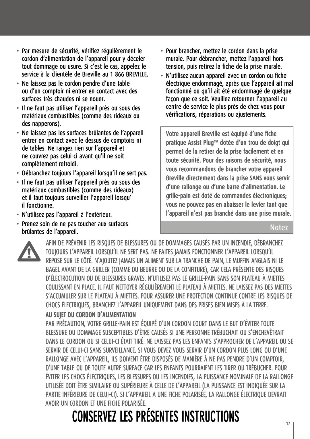 Breville CT75XL/A manual Conservez Les Présentes Instructions, Notez, Au sujet du cordon d’alimentation 