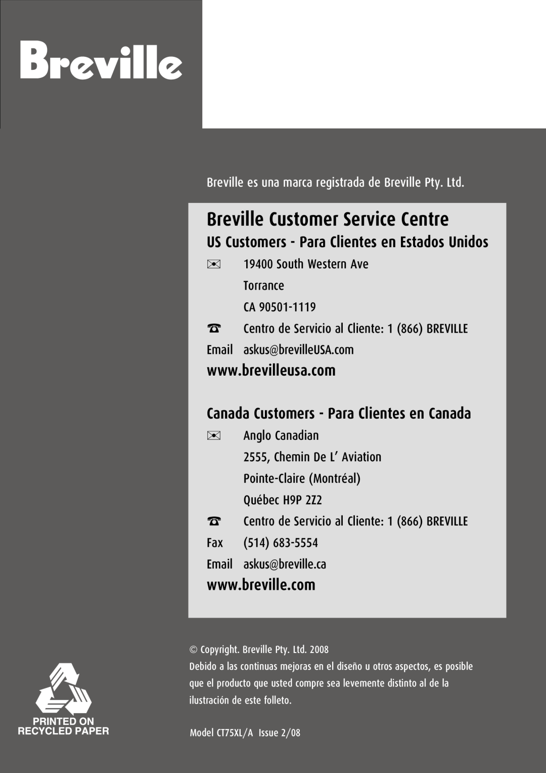 Breville CT75XL/A manual Breville Customer Service Centre, Canada Customers - Para Clientes en Canada 