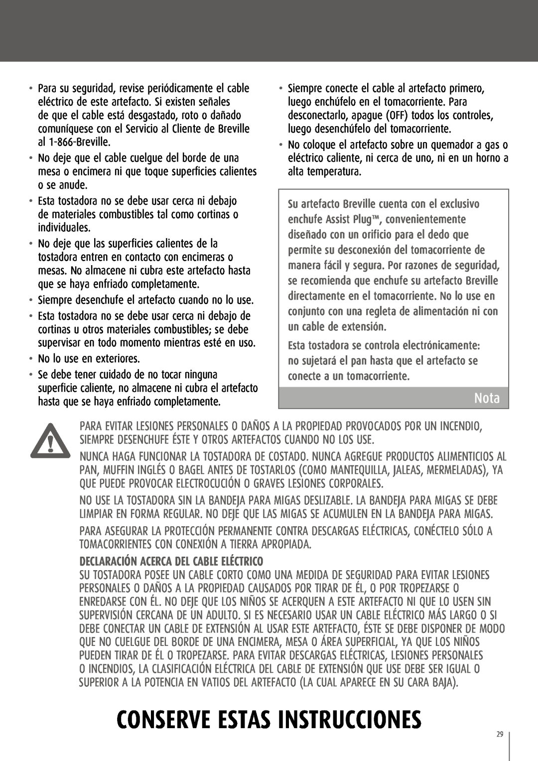 Breville CT75XL/A manual Nota, Declaración acerca del cable eléctrico, Conserve Estas Instrucciones 
