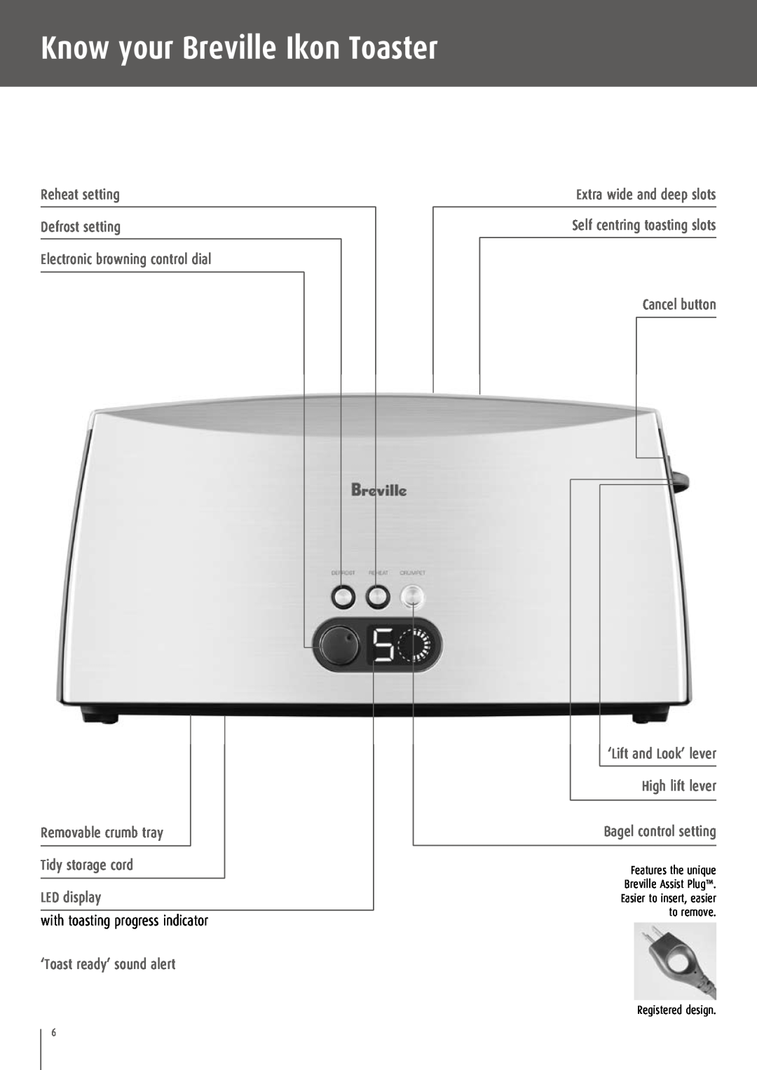 Breville CT75XL/A manual Know your Breville Ikon Toaster, with toasting progress indicator 