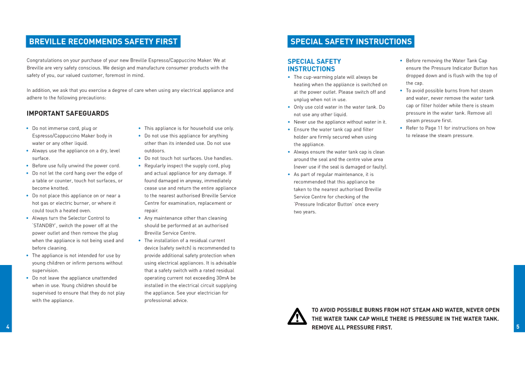 Breville ESP4 manual Special Safety Instructions 