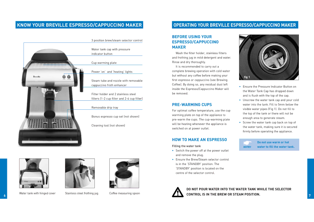 Breville ESP4 manual Know Your Breville ESPRESSO/CAPPUCCINO Maker, PRE-WARMING Cups, HOW to Make AN Espresso 