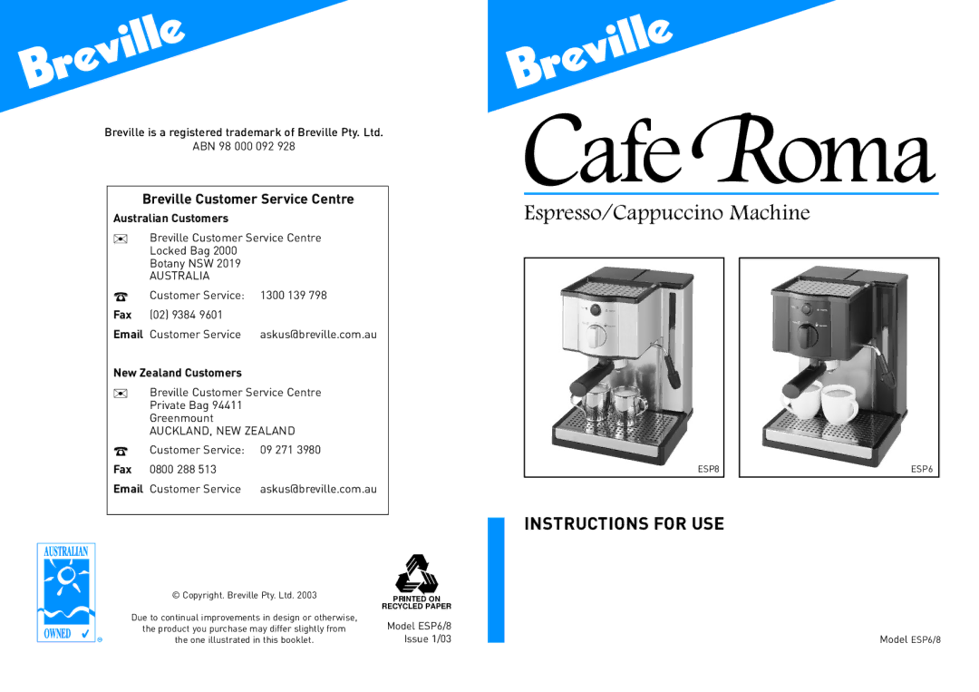 Breville ESP6/8 manual CafeRoma 