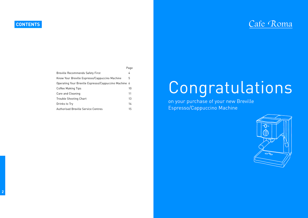 Breville ESP6/8 manual Congratulations, Contents 
