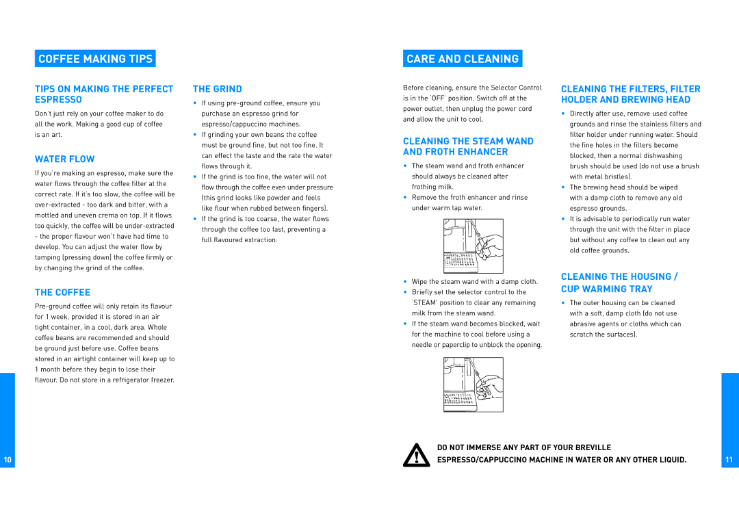 Breville ESP6/8 manual Coffee Making Tips, Care and Cleaning 