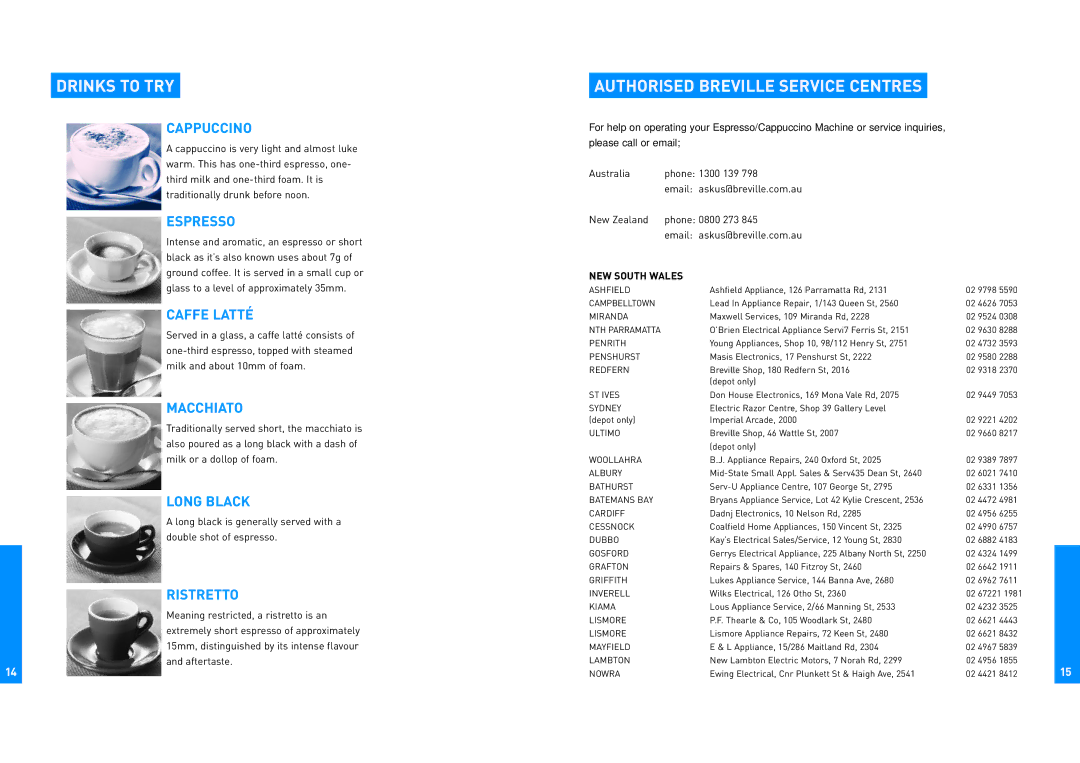 Breville ESP6/8 manual Drinks to TRY, Authorised Breville Service Centres 