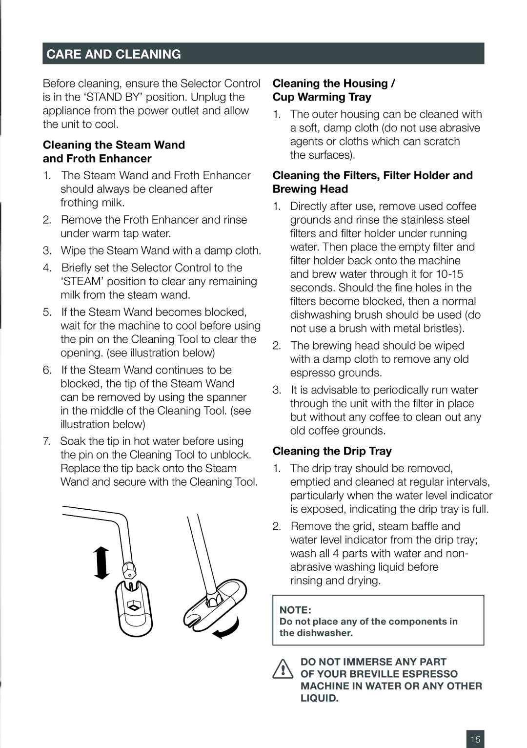 Breville ES6SXL /A manual Care and Cleaning, Cleaning the Steam Wand Froth Enhancer, Cleaning the Housing Cup Warming Tray 