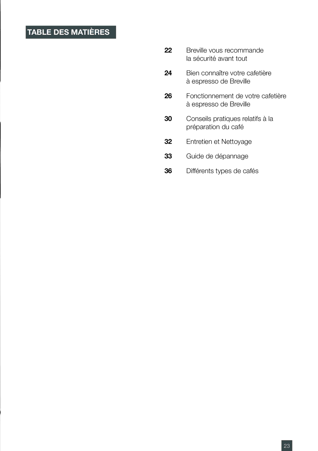 Breville ES6SXL /A, ESP6SXL manual Table DES Matières 