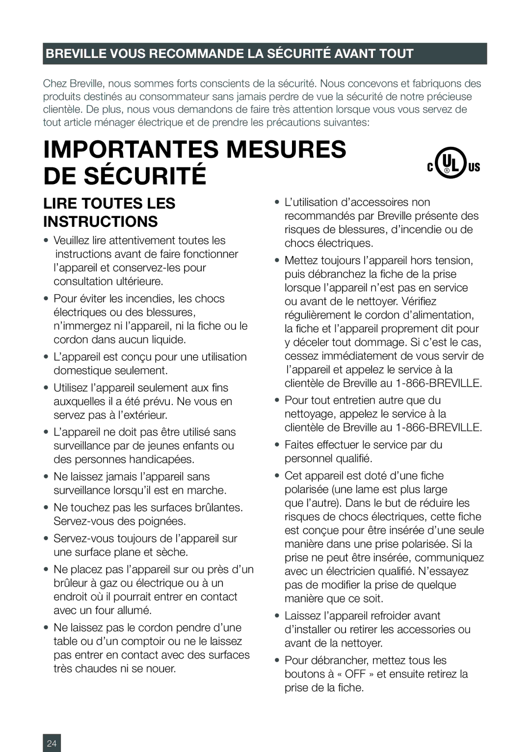 Breville ESP6SXL, ES6SXL /A manual Importantes Mesures DE Sécurité, Breville Vous Recommande LA Sécurité Avant Tout 