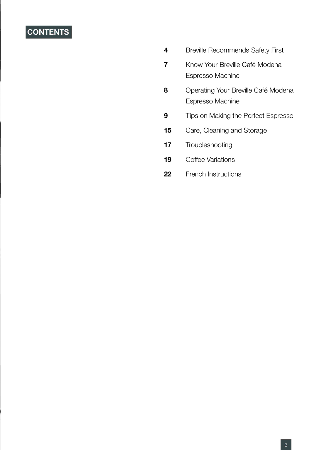 Breville ES6SXL /A, ESP6SXL manual Contents 