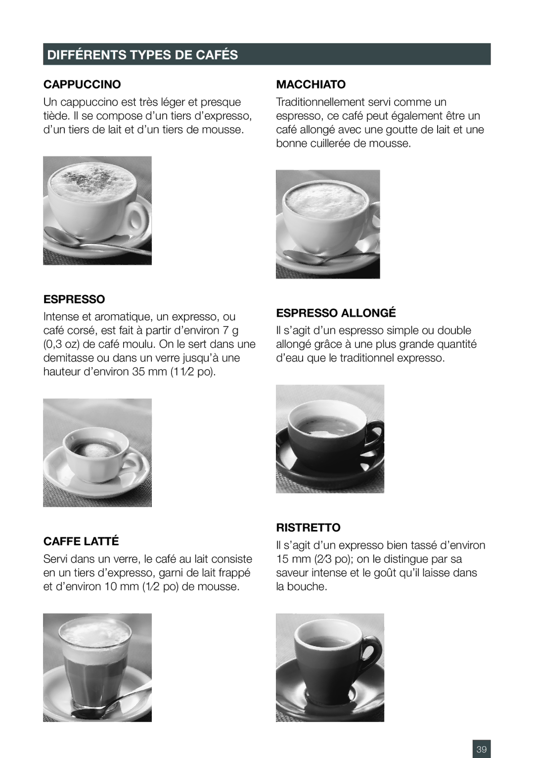 Breville ES6SXL /A, ESP6SXL manual Différents Types DE Cafés, Espresso Allongé 