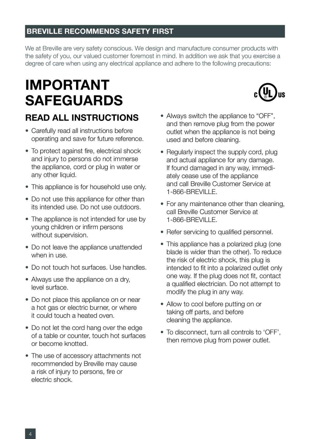 Breville ESP6SXL, ES6SXL /A manual Important safeguards, Breville Recommends Safety First 