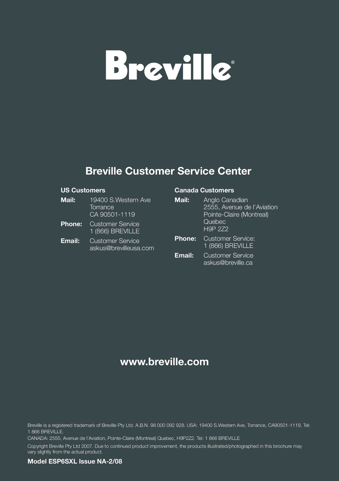 Breville ESP6SXL, ES6SXL /A manual Breville Customer Service Center 