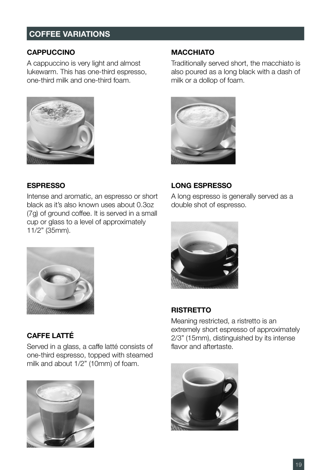 Breville ES6SXL /A, ESP6SXL manual Coffee Variations, Cappuccino, Caffe Latté, Macchiato, Long Espresso, Ristretto 