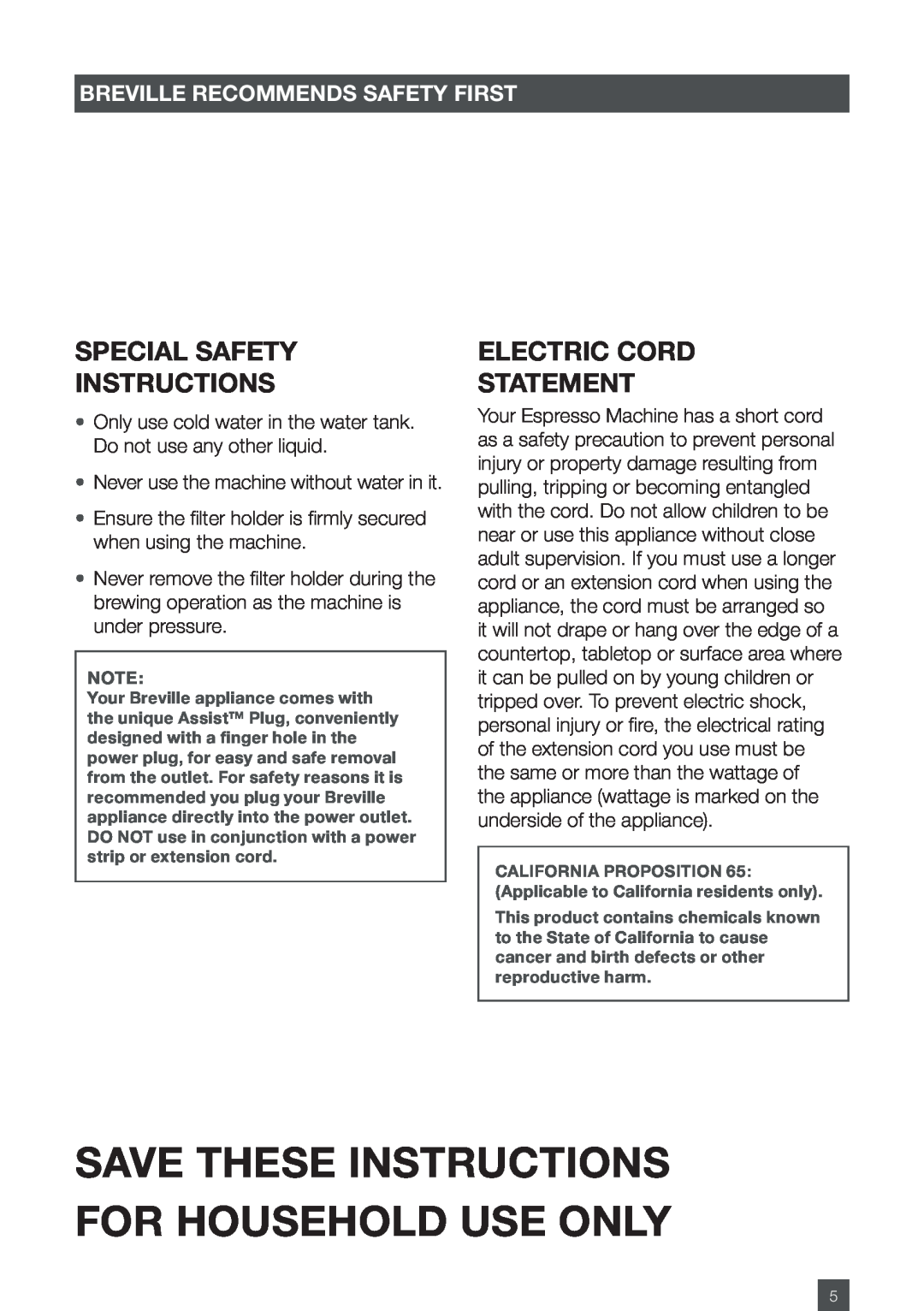 Breville ES6SXL /A Save These Instructions For Household Use Only, Special Safety Instructions, Electric Cord Statement 
