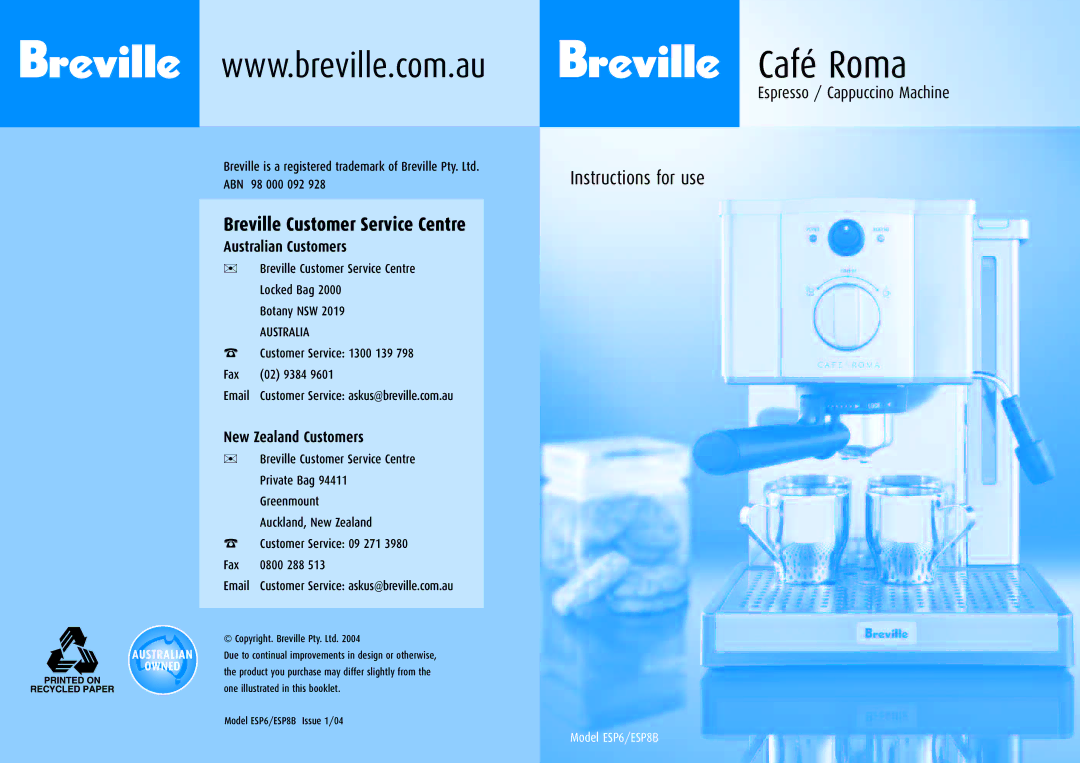 Breville ESP6, ESP8B manual Café Roma 