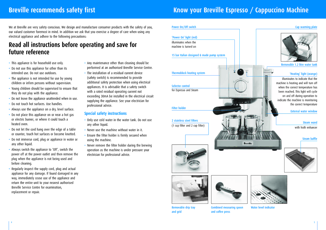 Breville ESP6, ESP8B manual Breville recommends safety first, Special safety instructions 