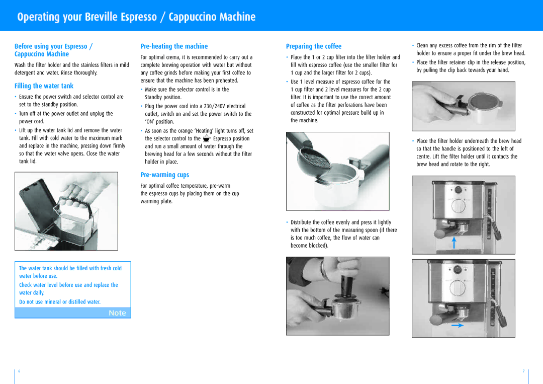 Breville ESP8B, ESP6 manual Operating your Breville Espresso / Cappuccino Machine 