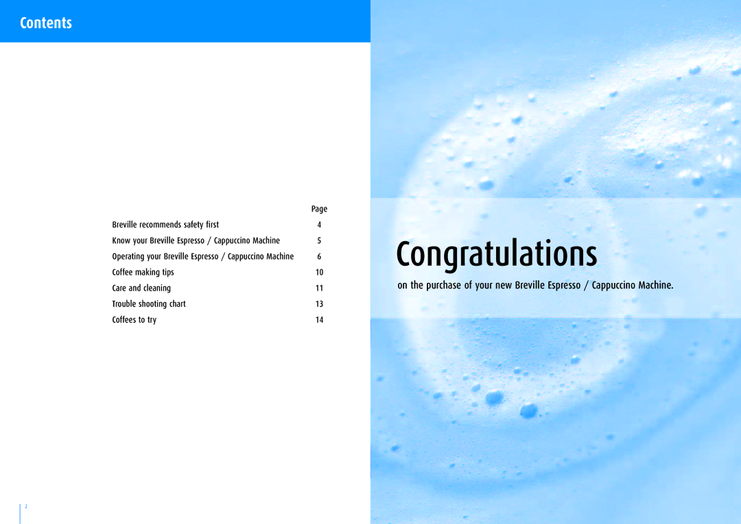 Breville ESP8B manual Congratulations, Contents 