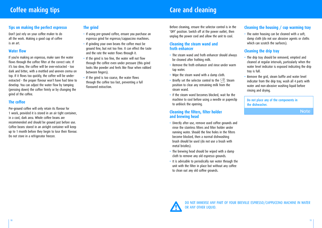 Breville ESP8B manual Coffee making tips Care and cleaning 