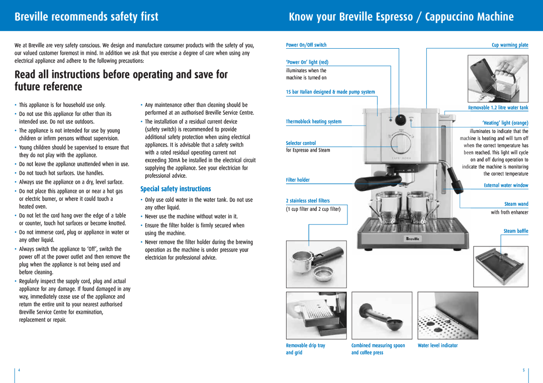 Breville ESP8B manual Breville recommends safety first, Special safety instructions 