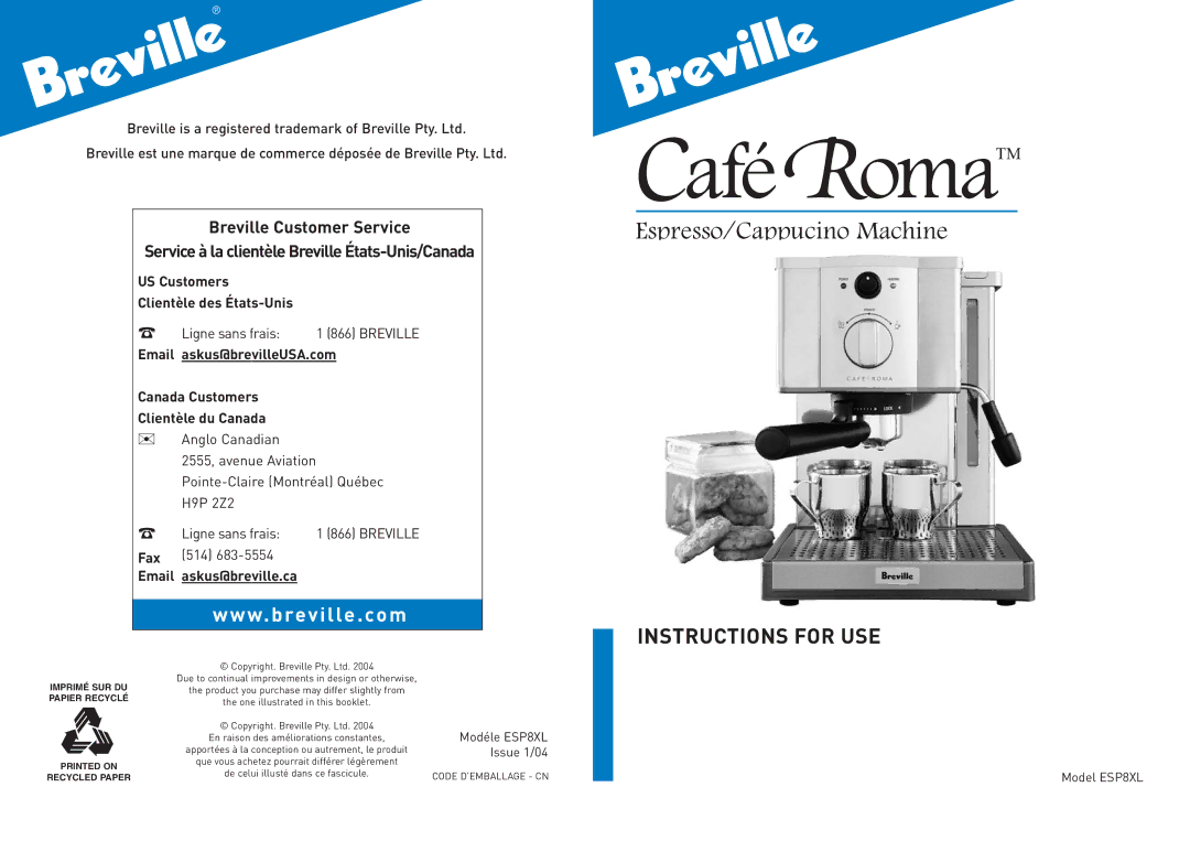 Breville ESP8XL manual CaféRoma 