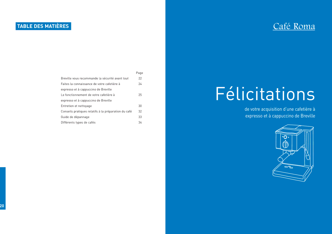 Breville ESP8XL manual Félicitations, Table DES Matières 