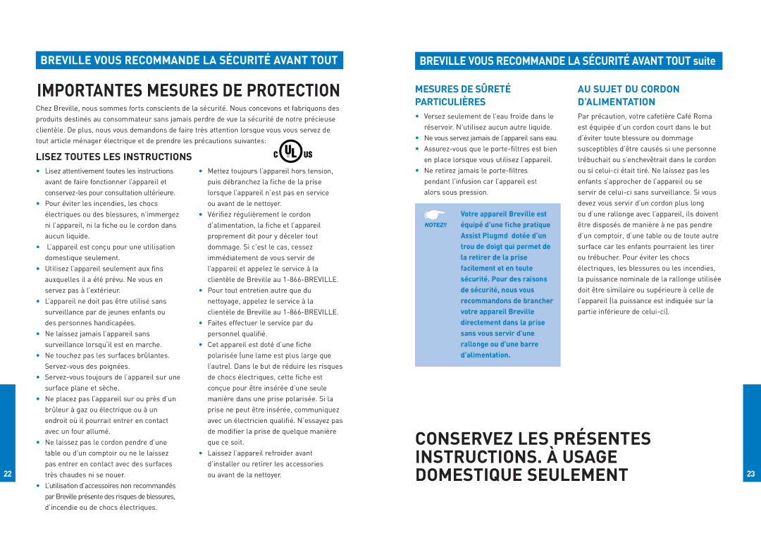 Breville ESP8XL manual Mesures DE Sûreté Particulières, AU Sujet DU Cordon ’ALIMENTATION 